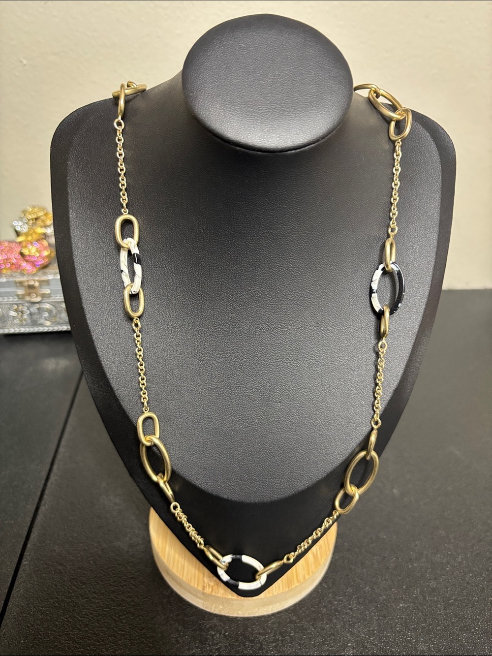 Banana Republic Long Gold Tone Black Mixed-Link Long Necklace - Women's Fashion